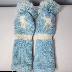 Vintage Handmade knitted baby blue white Club Head covers pom 1 and X knit